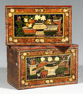 Two similar painted Mongolian boxes: