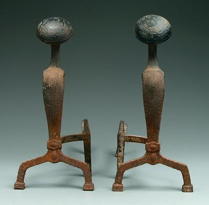Pair iron andirons: curved and tooled