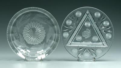 Two pieces glass: intaglio cut