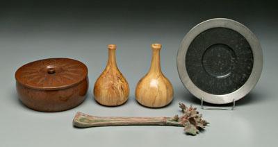 Five objects, wood, copper, pottery: