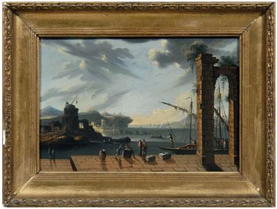 Italian School capriccio painting, harbor