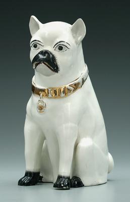 Staffordshire pug dog, gilt collar,