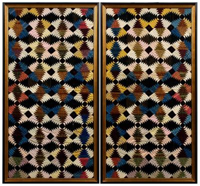 Two framed quilt panels: log cabin