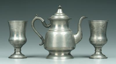Three pieces pewter hollowware: teapot,