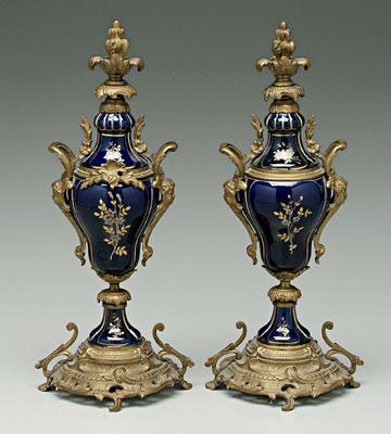 Pair ormolu mounted urns colbalt 92180