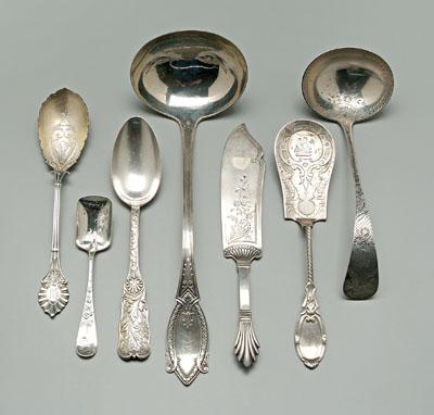 Assorted silver flatware: ladles,