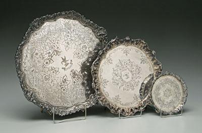 Three silver trays: round Portuguese