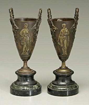 Pair bronze urns: vine handles,