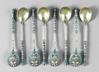 Eight Russian silver enameled spoons,