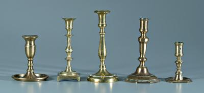 Five brass candlesticks: octagonal,