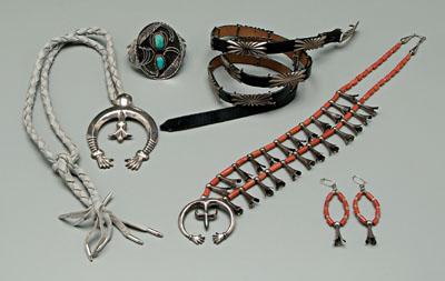 Five pieces Navajo jewelry: black leather