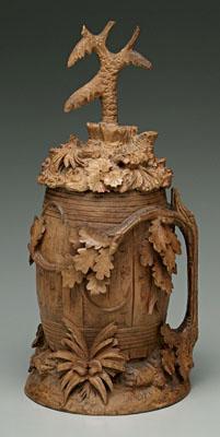 Carved wood lidded tankard, carved