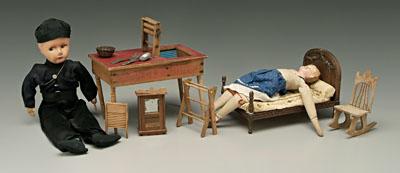 Group of dolls and doll furniture: tin-headed