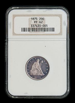 1875 proof 20-cent piece, NGC slabbed