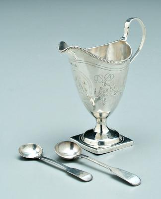 English silver pitcher, salt spoons: