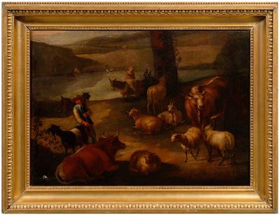 Old Master painting, shepherd by a pond