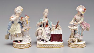 Three Meissen figurines: lady dealing
