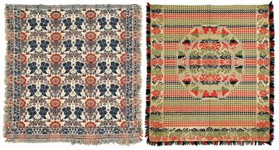 Two jacquard coverlets: one with rows