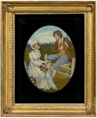 Embroidered silk courtship scene, oval