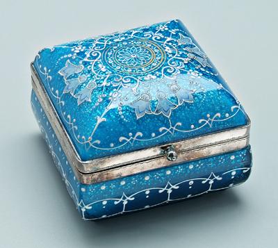 Enameled dresser box, blue glass