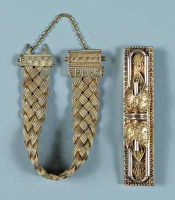 Etruscan Revival gold pin, bracelet: