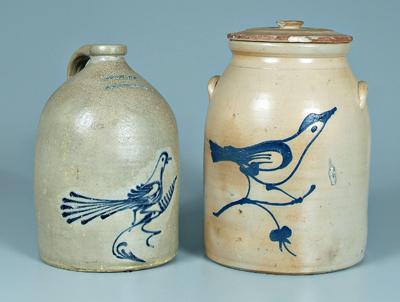 Two pieces bird decorated stoneware: