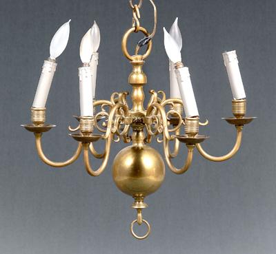 Brass chandelier, six arms with candle