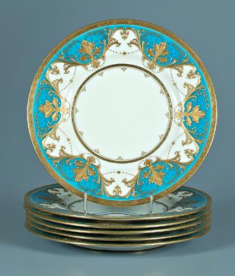 Six Mintons service plates: turquoise