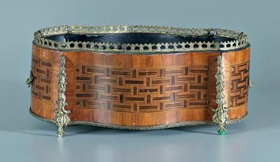 Marquetry inlaid planter, cartouche