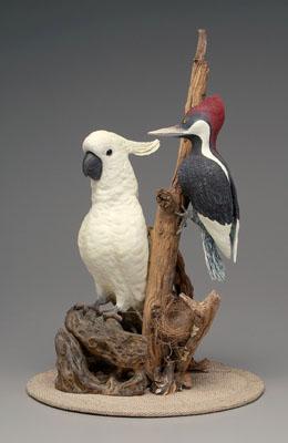 Carved and painted birds: pileated