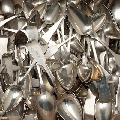 115 coin silver spoons: salt, serving,