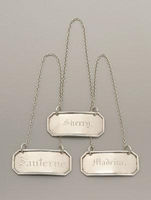 Three coin silver decanter labels: octagonal