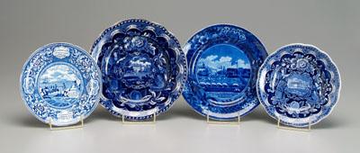 Historic blue Staffordshire, four plates: