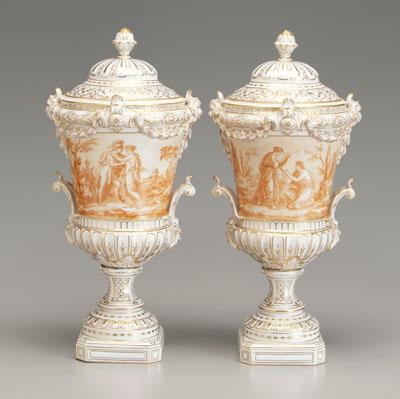 Pair porcelain urns: sepia reserves