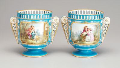 Pair Sevres style vases: hand painted