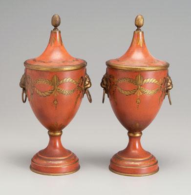 Pair toleware lidded chestnut urns  92ece