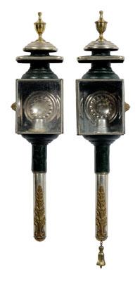 Pair coach lanterns: brass urn finial