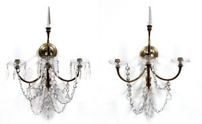 Pair brass and crystal sconces: