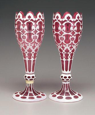 Pair white cut-to-cranberry vases: floral