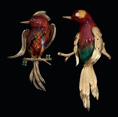 Two enamel, gold bird brooches,