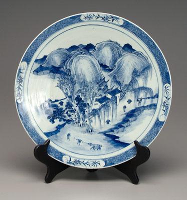 Asian blue and white charger, figures