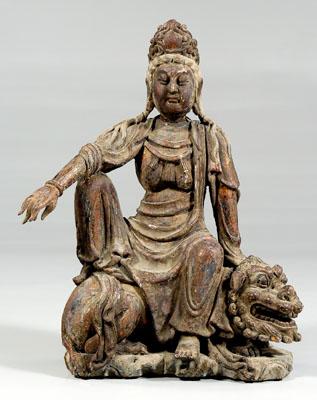 Chinese carved wood figure, Manjusri