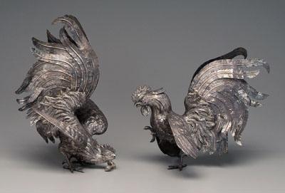 Two silver plate roosters: cocks