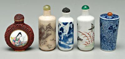 Five Chinese snuff bottles: one