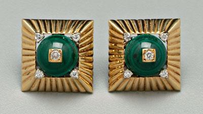 Pair malachite, diamond gold earrings: