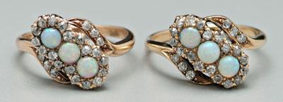 Pair vintage diamond and opal rings: