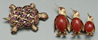 Two gold brooches: turtle with