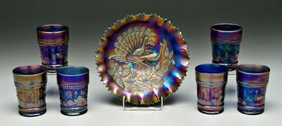 Seven pieces carnival glass Peacock 931bd