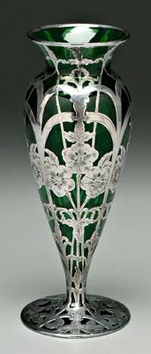 Green glass silver overlay vase,