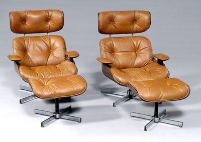 Pair Eames style armchairs ottomans  9322a